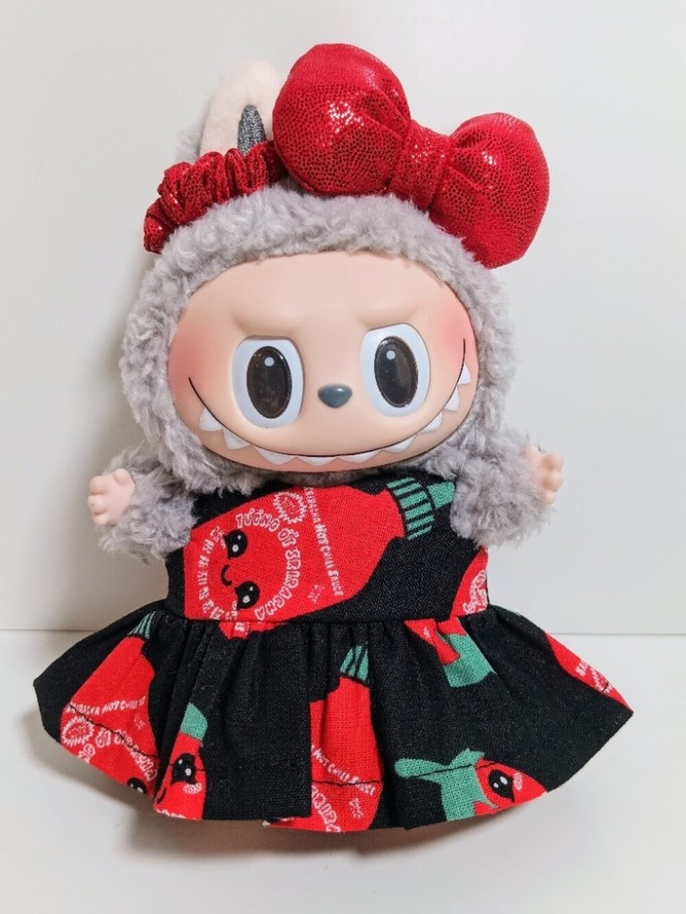 Custom Sriracha Hot Chili Sauce Dress and Metallic Bow Made to Fit Labubu